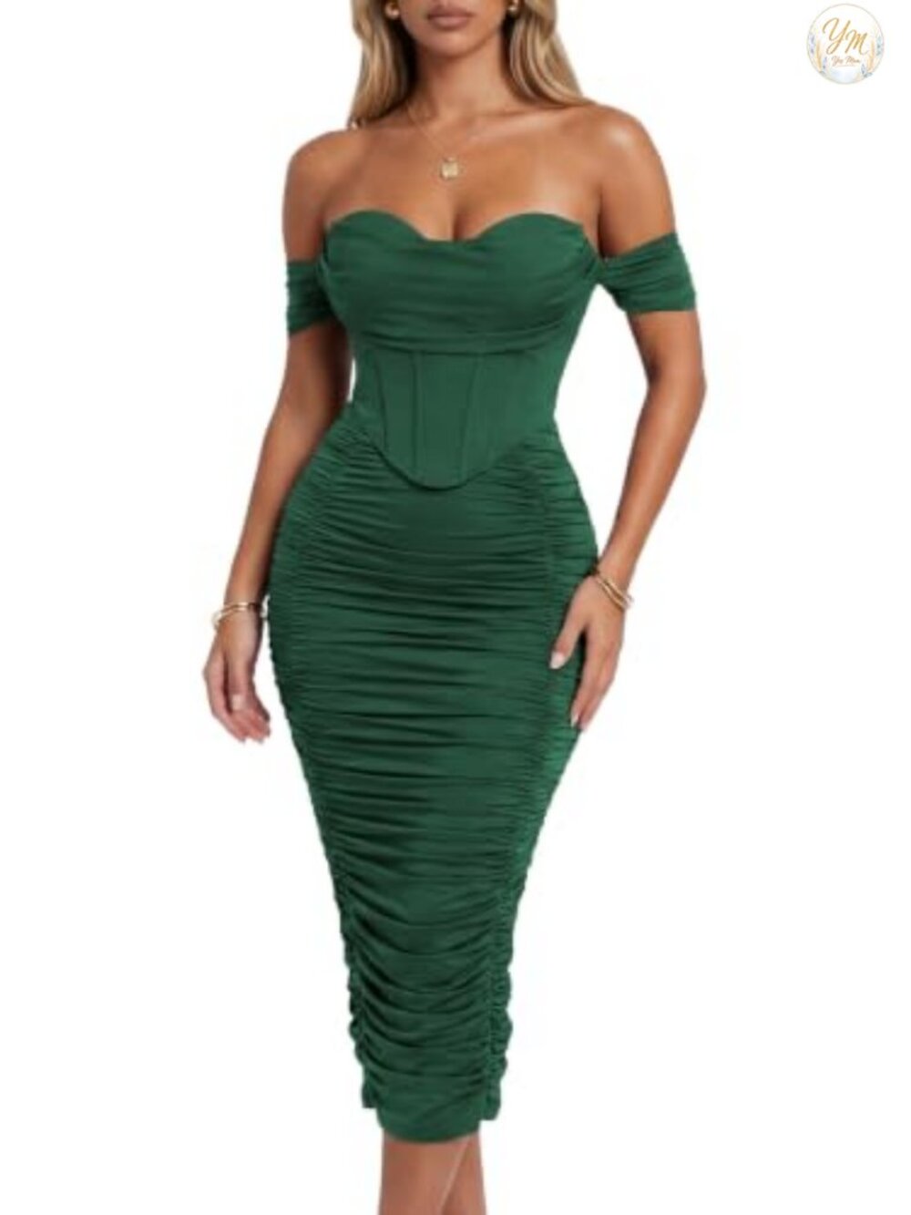 Off Shoulder Faux-Corset Ruched Midi Dress Bodycon Sleeveless Built-In Bra Party